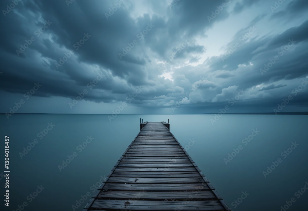 Naklejka premium Dock On Still Water Under Cloudy Sky. Tranquil Scene, Calming Landscape. Wooden Pier, Peaceful Atmosphere, Gray Hues. Nature's Beauty.