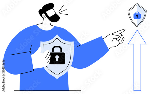 Man holding shield with lock symbol, pointing at shield with arrow. Ideal for data security, online protection, cybersecurity, privacy, growth, corporate safety digital defense. Abstract line flat