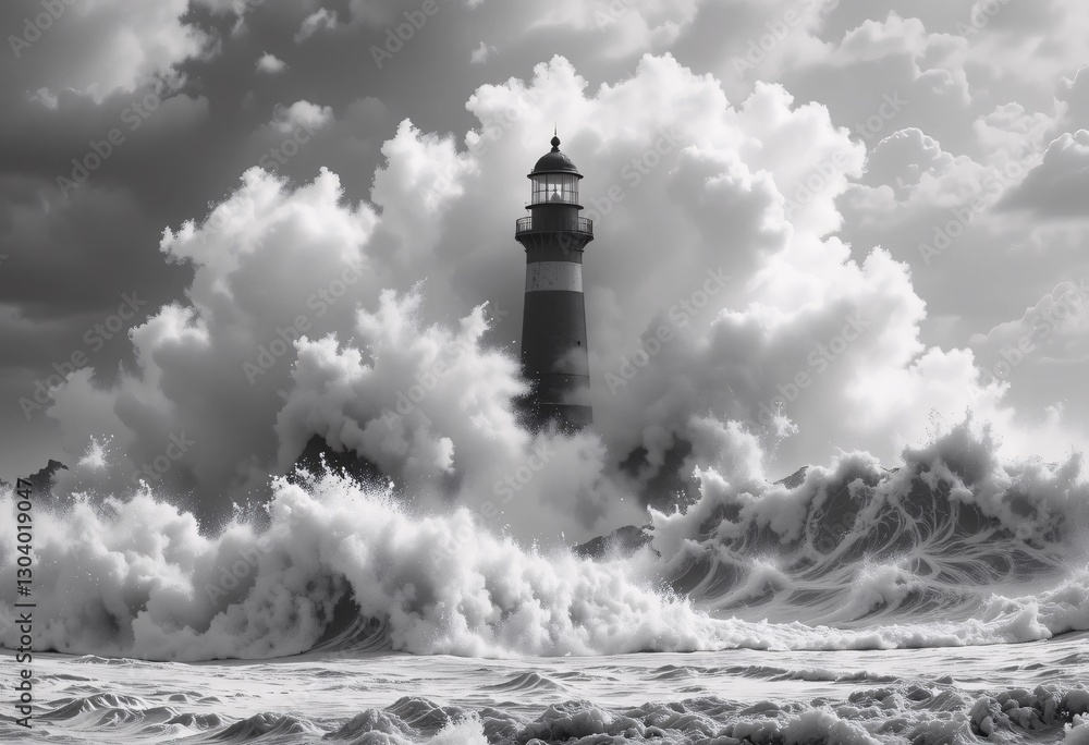 Dramatic Lighthouse Beacon Black And White. Powerful Waves, Stormy Skies, Resilience. Architectural Beauty, Coastal Landscape. Timeless Maritime Scene. Beacon Of Hope. Guiding Light. Dramatic Lighthouse Beacon Black And White. Powerful Waves, Stormy Skies, Resilience. Architectural Beauty, Coastal Landscape. Timeless Maritime Scene. Beacon Of Hope. Guiding Light.
