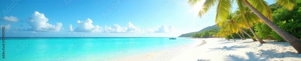Sun-drenched beach with turquoise water and palm trees , holiday, sunshine Sun-drenched beach with turquoise water and palm trees , holiday, sunshine