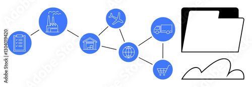 Factory, warehouse, transport, globe, and shopping cart connected by lines next to a file folder and cloud. Ideal for logistics, global trade, supply chain, digital storage commerce connectivity