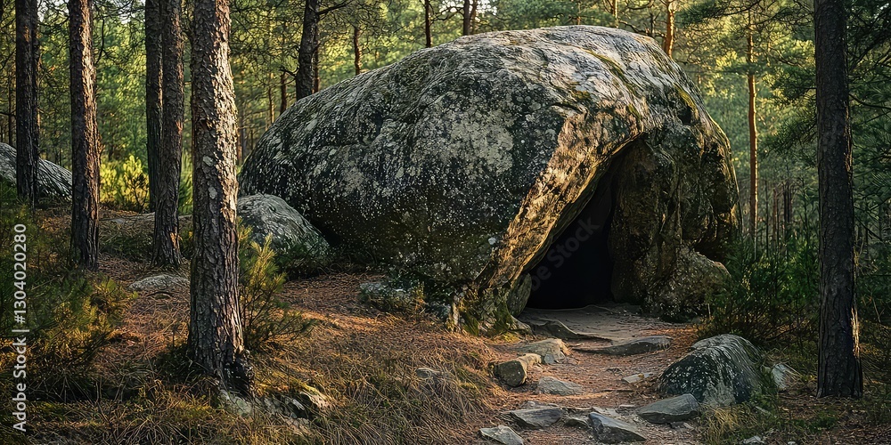 Fototapeta premium A massive boulder with a hidden cave entrance at its base