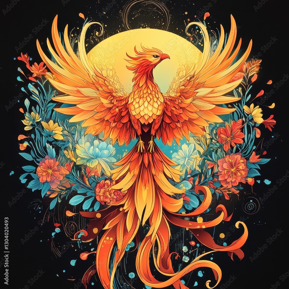 Fototapeta premium A vibrant phoenix bird spreading its glorious fiery wings in the sky