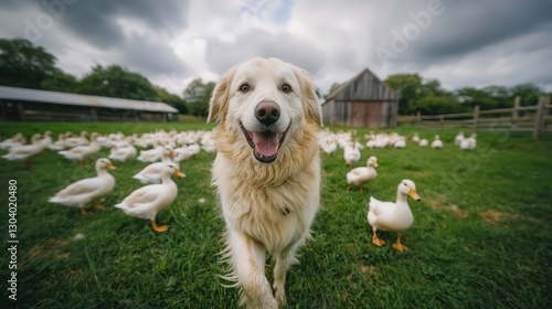 A cheerful golden retriever stands in a grassy field surrounded by ducks, set against a cloudy sky and a rustic barn in the background.