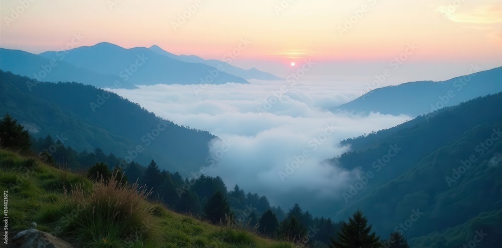 Obraz premium Rolling fog creeping across mountain slopes, obscuring valleys , picture, daybreak