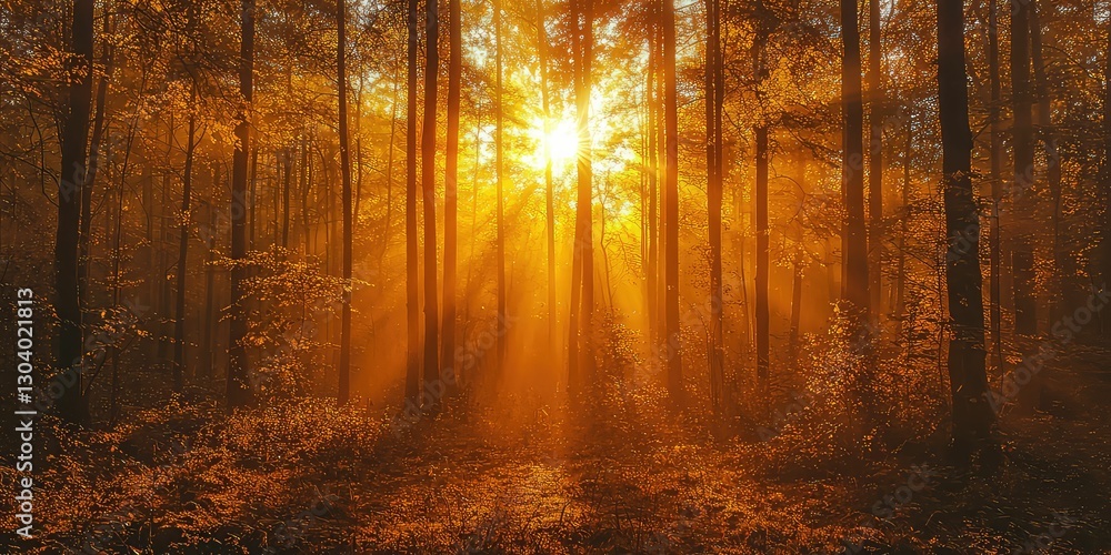 Naklejka premium A radiant sunrise flooding through thick forest trees, painting the scene in gold