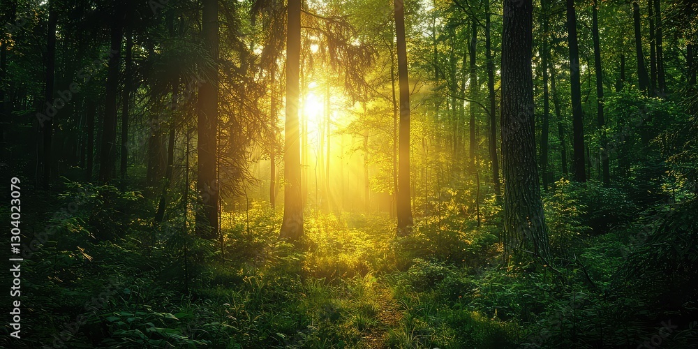 Naklejka premium A symphony of golden light and greenery, turning the forest into paradise