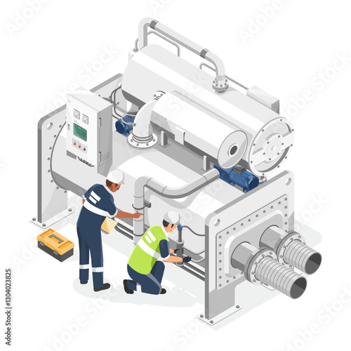 HVAC Industrial chiller Engineer and Technicians inspection and maintenance service team isometric illustration cartoon vector
