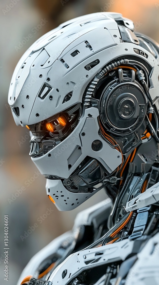Futuristic robot head, city background, AI concept Futuristic robot head, city background, AI concept