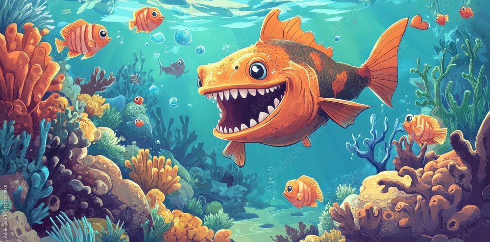 Fototapeta premium A large grinning fish swimming through a colorful coral reef