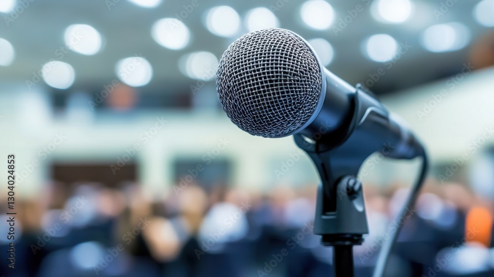 Close-Up of Microphone with Blurred Background in Conference Setting