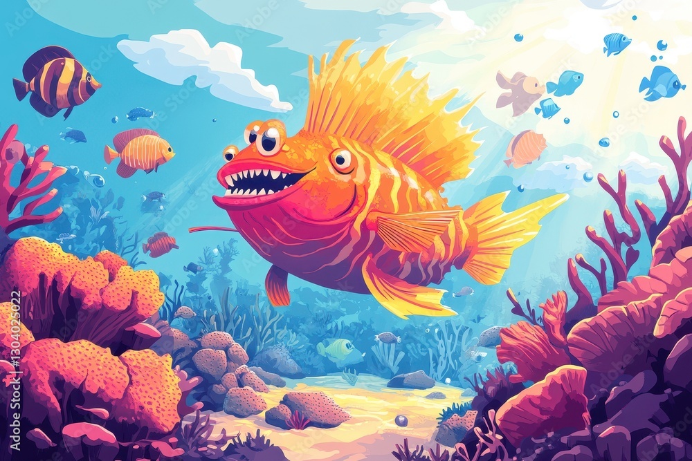 Naklejka premium A cartoon illustration depicts many colorful fishes underwater in the ocean