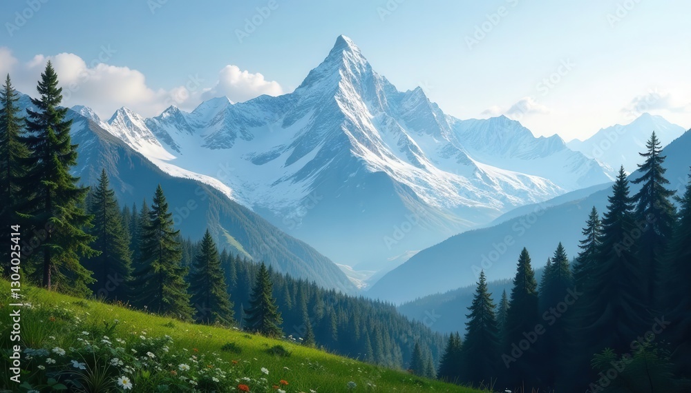 Obraz premium Serene snow-capped peaks loom over a tranquil forest , sky, stillness, peaceful