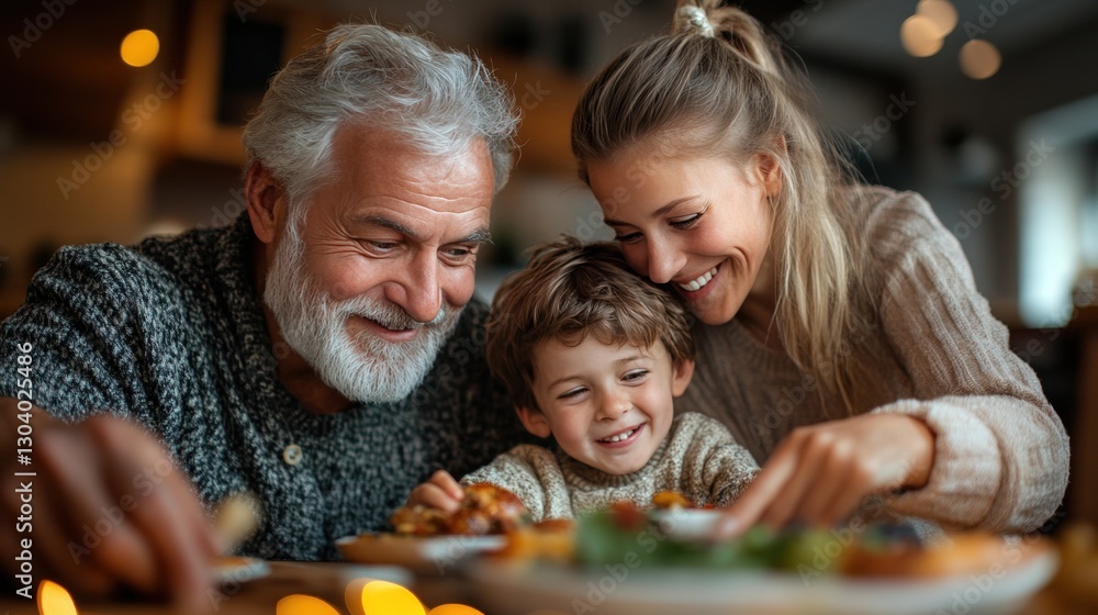 Obraz premium Family gathered in a warm home for Christmas dinner, with glowing lights and festive cheer