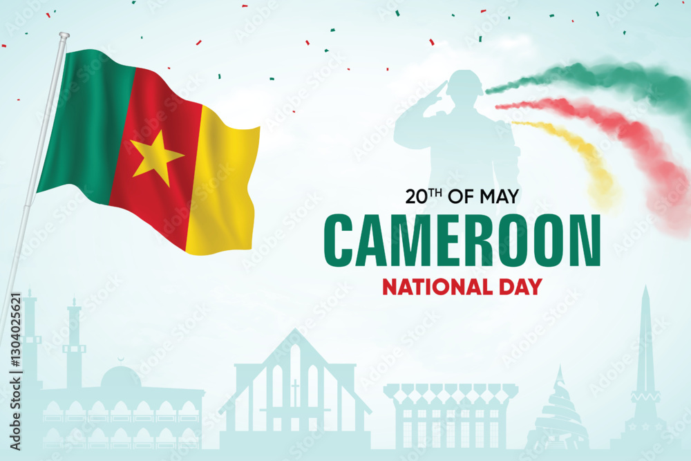 Fototapeta premium Cameroon Flag Waving On Skyline Background. National Day Concept Design Vector Illustration.