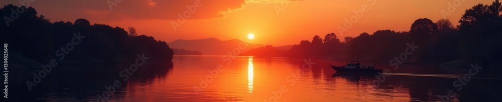 Fototapeta premium Silhouetted boat, warm lights illuminate river at sunset , mood, element