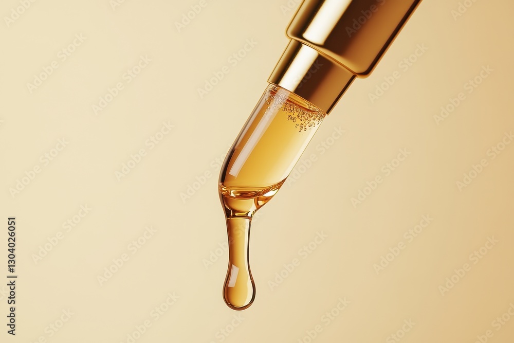 Golden serum dropper bottle, close-up. Illustrates beauty, skincare, luxury, and elegance. Golden serum dropper bottle, close-up. Illustrates beauty, skincare, luxury, and elegance.