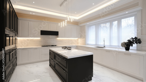 small but elegant classic kitchen featuring white matte cabinets, black island, and modern lighting. marble countertops and sleek design create sophisticated atmosphere