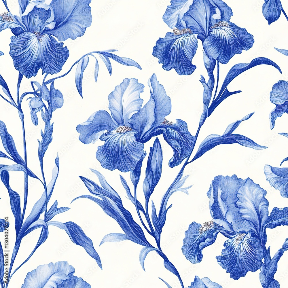 Fototapeta premium The elegant blue and white chinoiserie floral pattern features delicate iris flowers, meticulously hand-painted with intricate detail.