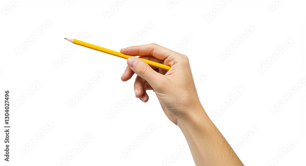 Hand holding pencil writing tool. Hand holding a yellow pencil. Arm holding pencil Hand holding pencil writing tool. Hand holding a yellow pencil. Arm holding pencil