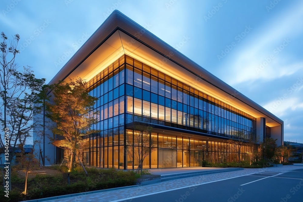 Modern glass office building glowing at dusk with landscaping Modern glass office building glowing at dusk with landscaping