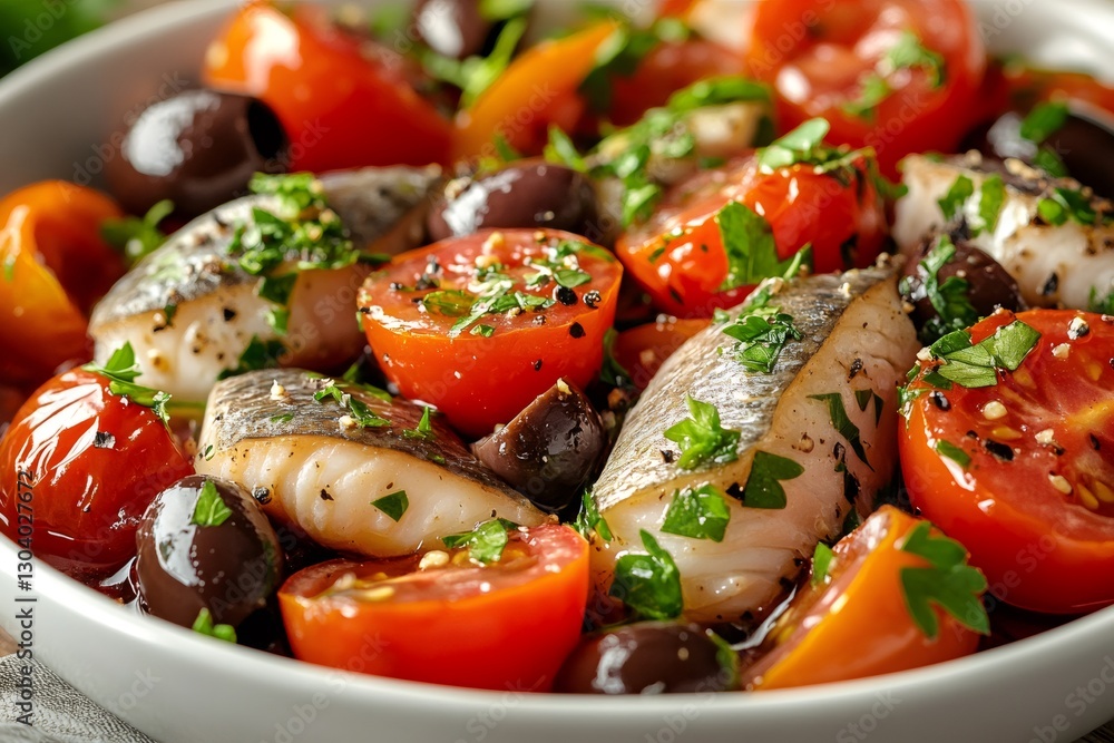 Sea bass fillets with cherry tomatoes, olives and parsley Sea bass fillets with cherry tomatoes, olives and parsley