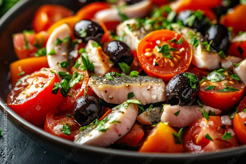 Mediterranean fish salad with tomatoes and black olives seasoned with parsley Mediterranean fish salad with tomatoes and black olives seasoned with parsley