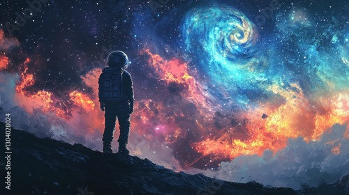 An astronaut stands observing a colorful and vast cosmic galaxy