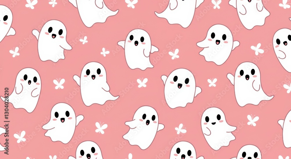 Cute cartoon ghosts, Halloween pattern, pink background, white ghosts, black witch hat, kawaii style, seamless repeat pattern, playful spooky design, childlike illustration, whimsical ghosts, polka do Cute cartoon ghosts, Halloween pattern, pink background, white ghosts, black witch hat, kawaii style, seamless repeat pattern, playful spooky design, childlike illustration, whimsical ghosts, polka do