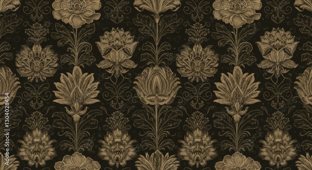 custom made wallpaper toronto digitalOrnate floral pattern, Baroque style wallpaper, Gold and black color scheme, Intricate damask design, Vintage textile motif, Luxurious fabric texture, Symmetrical botanical elements, Elegant repeat pa