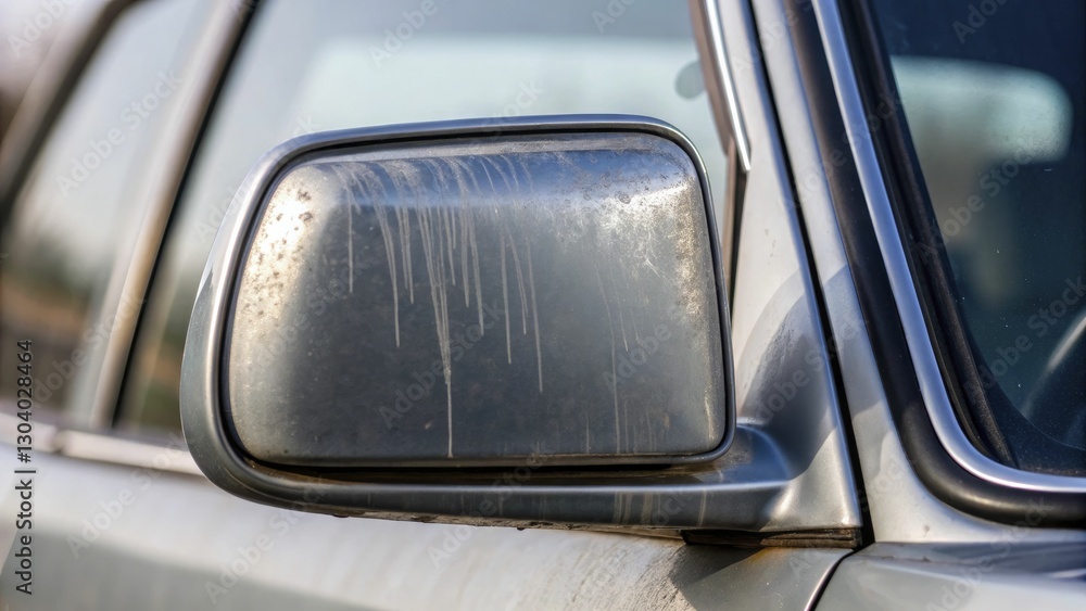 Obraz premium A detailed image of a used car’s side mirror with subtle oil smudges, highlighting the reflective nature of the glass and the delicate stains.