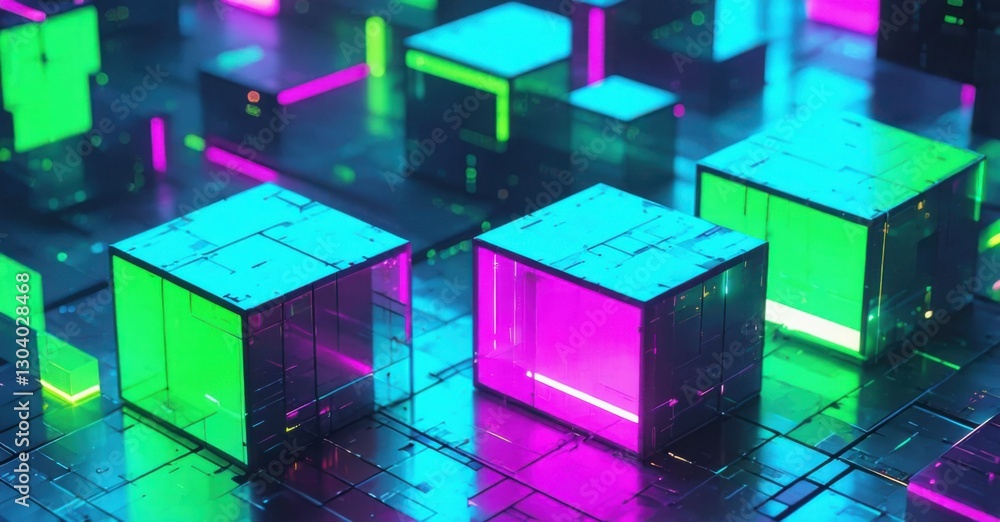 Futuristic cyber glow cube render neon green bright turquoise deep magenta arranged sleek isometric geometric abstract design Futuristic cyber glow cube render neon green bright turquoise deep magenta arranged sleek isometric geometric abstract design