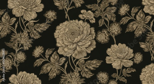 Wallpaper Mural Ornate floral pattern, Baroque style wallpaper, Gold and black color scheme, Intricate damask design, Vintage textile motif, Luxurious fabric texture, Symmetrical botanical elements, Elegant repeat pa Torontodigital.ca