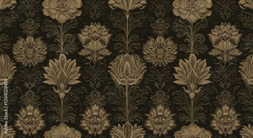 Wallpaper Mural Ornate floral pattern, Baroque style wallpaper, Gold and black color scheme, Intricate damask design, Vintage textile motif, Luxurious fabric texture, Symmetrical botanical elements, Elegant repeat pa Torontodigital.ca