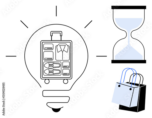 Light bulb with organized suitcase, hourglass, and shopping bags. Ideal for travel planning, packing tips, time management, efficiency, organization shopping preparation travel hacks. Simple