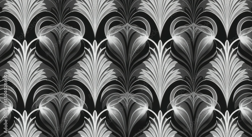 Art Nouveau pattern, stylized floral motif, repeating leaf design, black and white, intricate symmetry, organic curves, flowing lines, geometric arrangement, monochrome wallpaper, elegant repetition, Art Nouveau pattern, stylized floral motif, repeating leaf design, black and white, intricate symmetry, organic curves, flowing lines, geometric arrangement, monochrome wallpaper, elegant repetition,