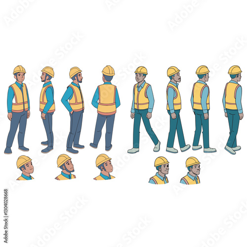 Construction worker, builder in helmet, vest, uniform vector illustration. Character constructor for animation. Front, side, and back view set. Body parts, postures, poses collection