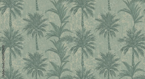 Wallpaper Mural Tropical palm tree pattern, repeating silhouettes, muted green color palette, textured background, wallpaper design, minimalist illustration, seamless repeat, retro tropical aesthetic, shadowy palm fr Torontodigital.ca