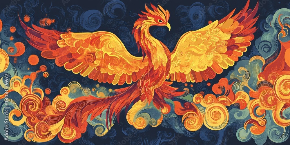 Obraz premium Majestic phoenix displaying wings and surrounded by swirls and flames