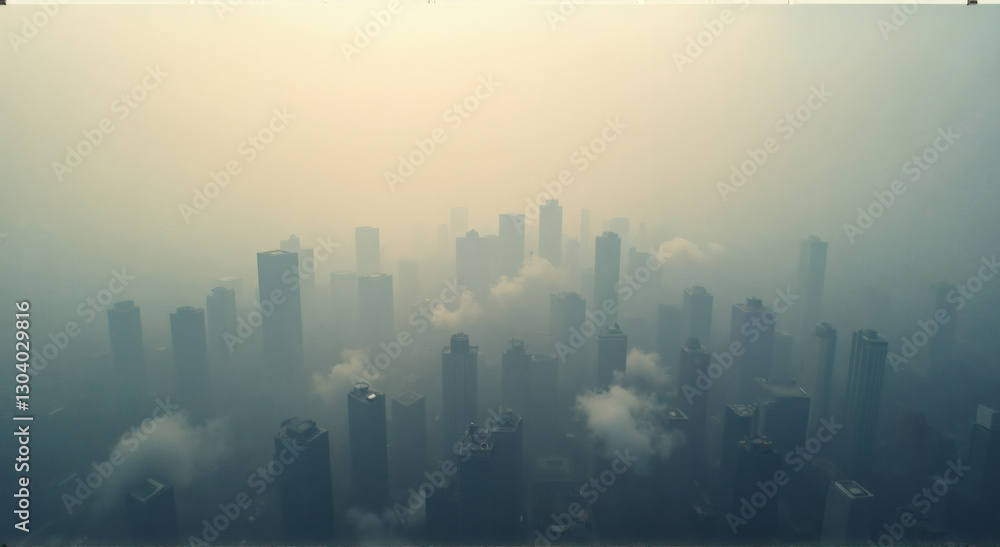 Fototapeta premium Aerial City Smog Pollution, An aerial view of a metropolis hidden beneath a thick blanket of smog. The hazy layers mix with natural clouds