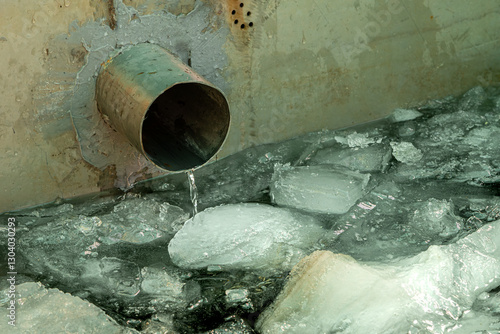 Water flows in a thin stream from a steel pipe into a reservoir filled with ice, selective focus