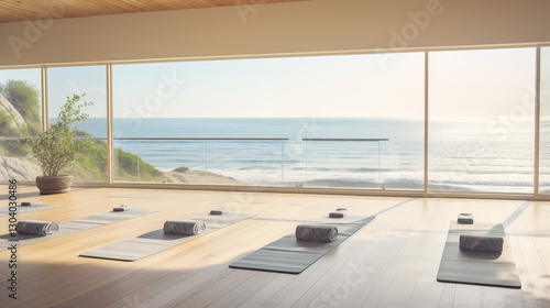 Tranquil yoga studio with large windows overlooking the beach  featuring wooden floors  pastel colors  and soft lighting for a serene atmosphere.
