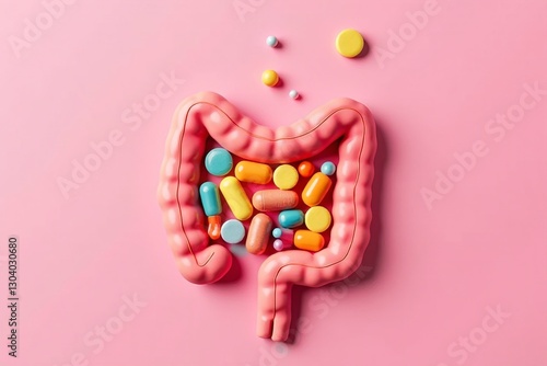 Colorful Pills Inside a Stylized Intestine on a Pink Background