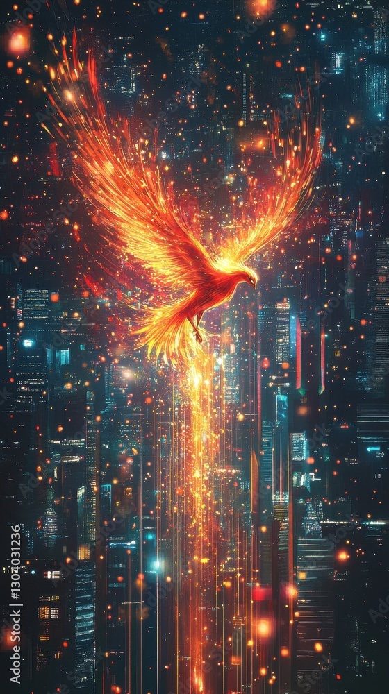 Fototapeta premium A fiery bird ascends from the city skyline at night