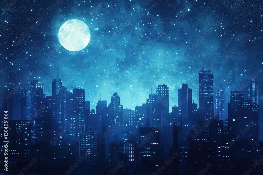 A bright full moon illuminates a city skyline at night A bright full moon illuminates a city skyline at night