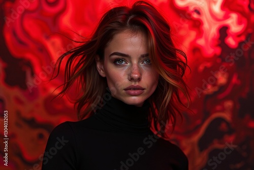Portrait of a Woman with Flowing Hair against a Vibrant Background