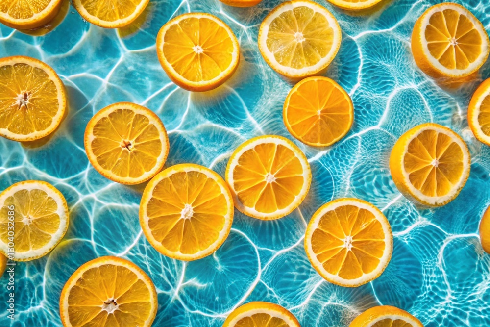 Creative summer composition made of sliced orange in transparent pool water. Healthy refreshing drink theme. Top view Creative summer composition made of sliced orange in transparent pool water. Healthy refreshing drink theme. Top view