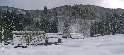 Photos Shirakawa-go Japanese folk village winter scenery panoramic view with snow cover