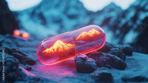 Glowing pill with mountain and altitude symbols, symbolizing health innovation and breakthrough in medical science.
