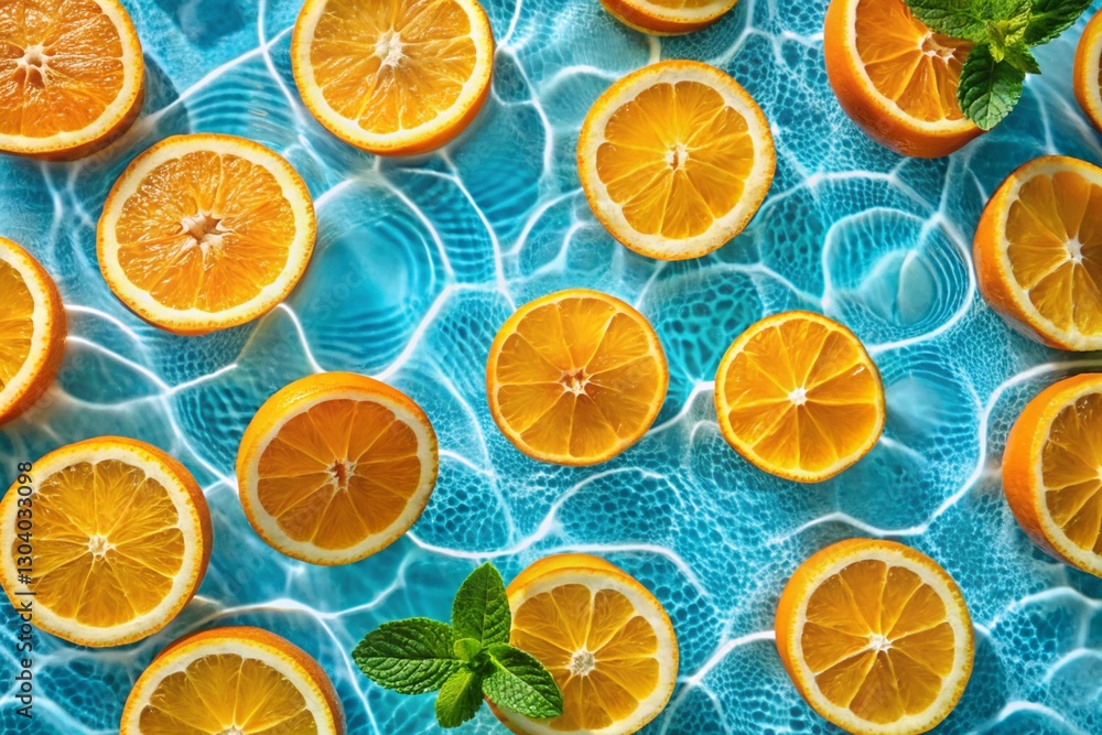 Creative summer composition made of sliced orange in transparent pool water. Healthy refreshing drink theme. Top view Creative summer composition made of sliced orange in transparent pool water. Healthy refreshing drink theme. Top view